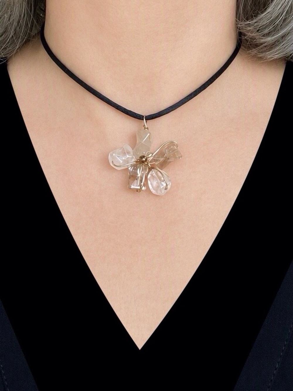 Gold Tone Wire Smoky & Clear Quartz Cluster Pendant